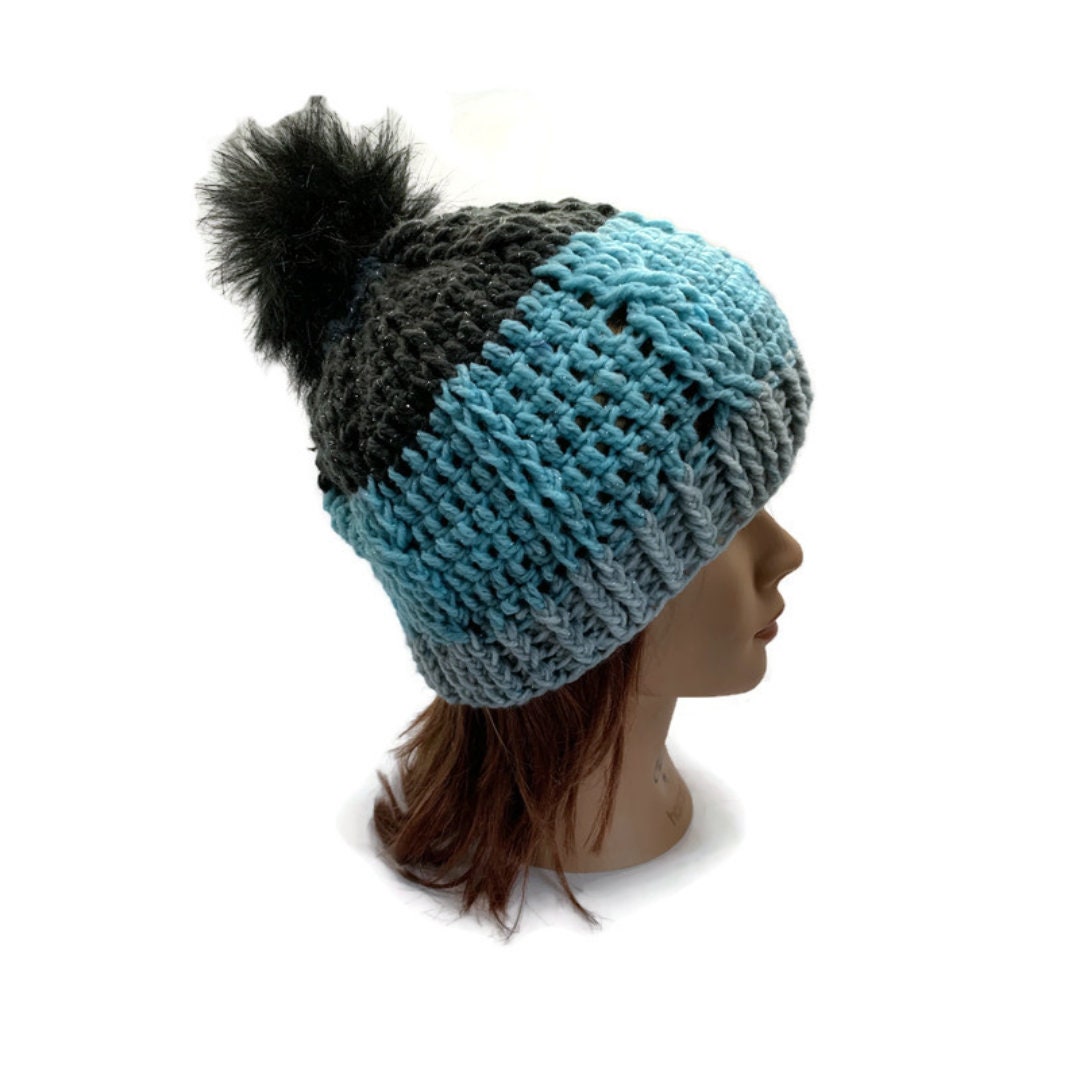Cable Knit Crochet Beanie Hat Handcrafted With Faux Fur Pom Handmade Purple Blue Crochet Cable Knit Hat With Faux Fur Pom Pom - Etsy main image 4