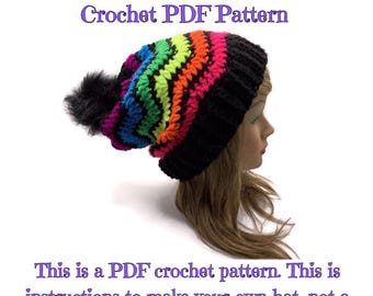 Patrón de gorro de crochet con diseño de chevrón neón, gorro en zigzag (PDF), tallas XS a XL, grosor medio, tutoriales en video incluidos, descarga digital del patrón.