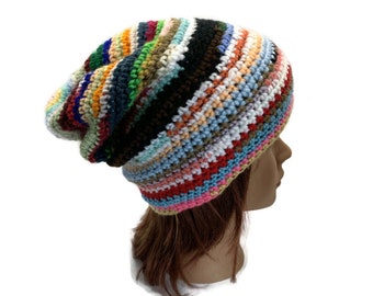 Scrap Yarn Hat, Rainbow Striped Hat, Gift for Hippie, Hipster Beanie, Upcycled Beanie, Gift for her, Unique Hat, OOAK, Rainbow Scrap Hat