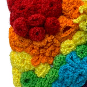 May include: A colourful crocheted square with a rainbow pattern. The square is made of different coloured yarn, including red, orange, yellow, green, blue, and purple.