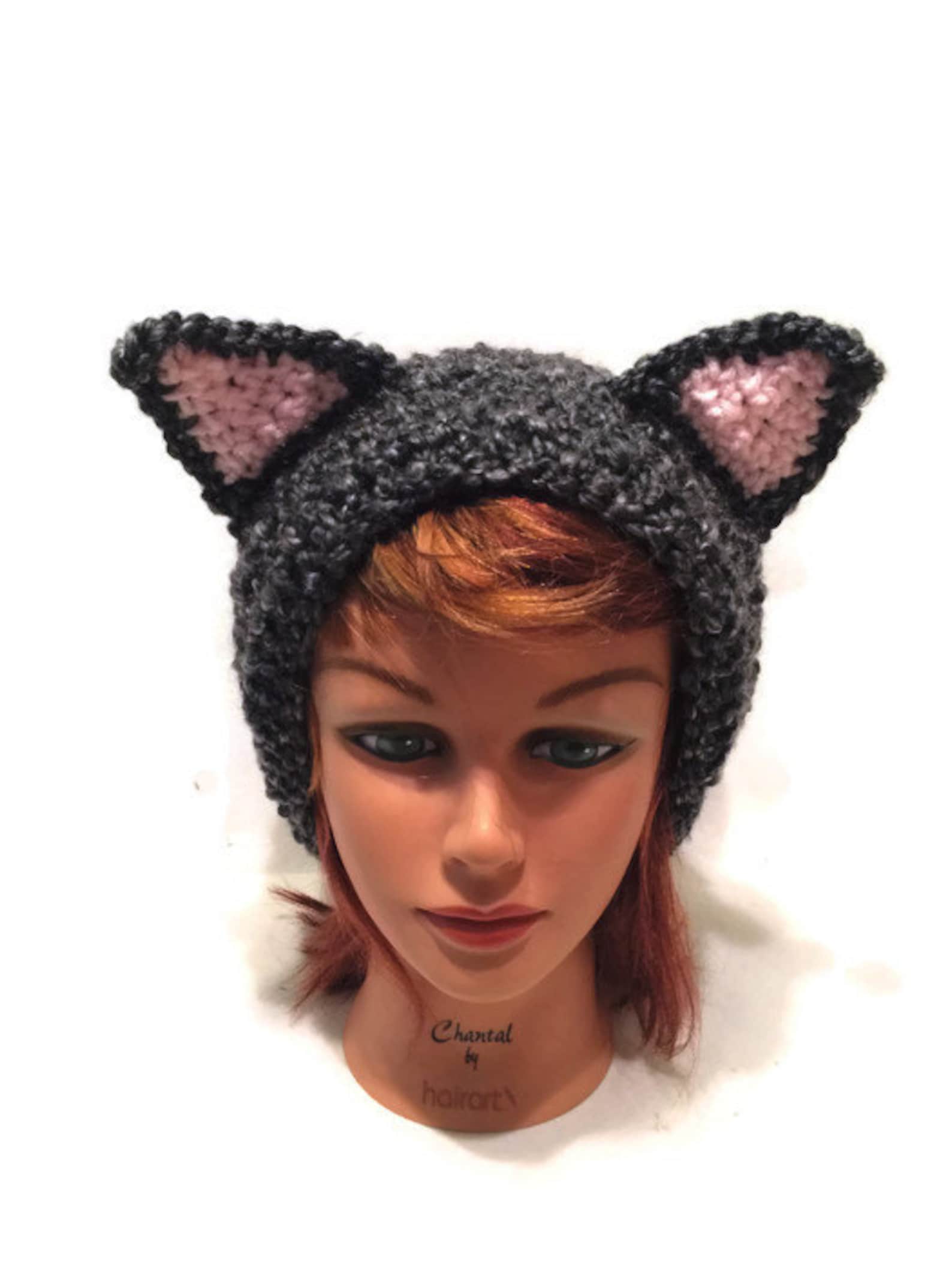 Grey Cat Hat Slouchy Cat Hat Black Kitty Ears Fuzzy Cat Etsy