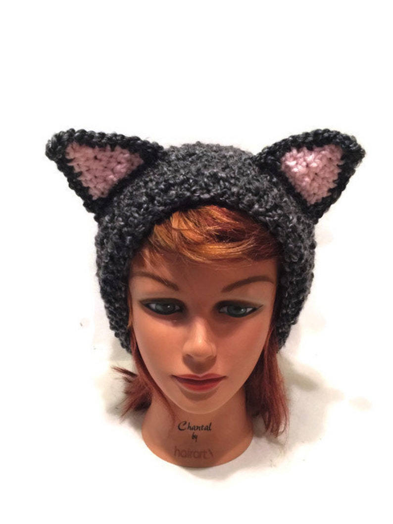 Grey Cat Hat Slouchy Cat Hat Black Kitty Ears Fuzzy Cat Etsy
