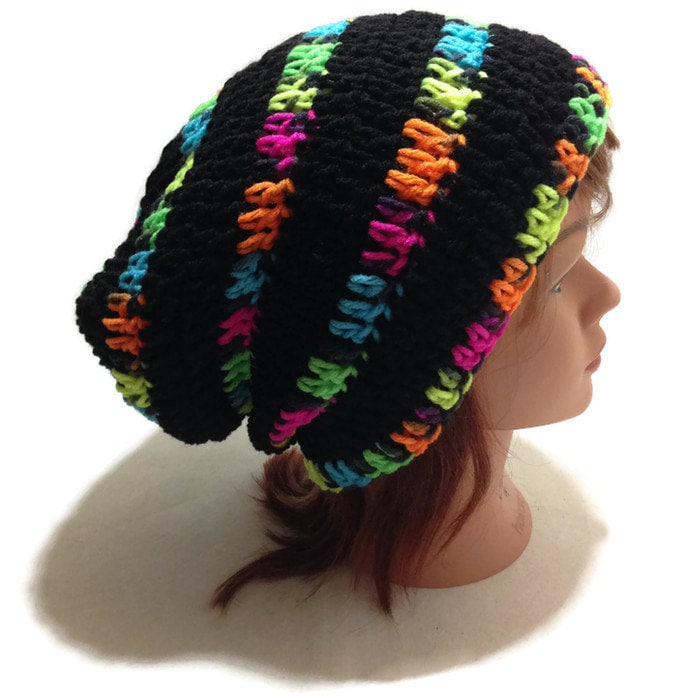 Neon Hat Black Light Beanie Thick Striped Slouch Rave Beanie Etsy