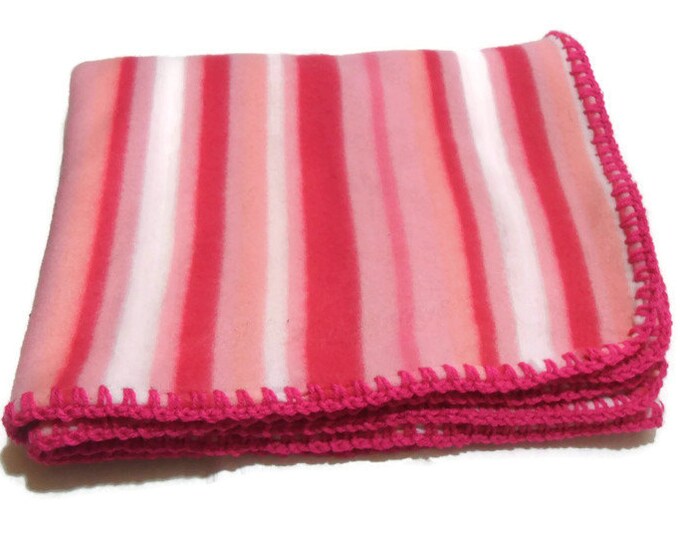 Pink Stripe Fleece Throw Blanket With Hot Pink Crochet Edge Etsy