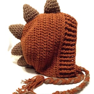 May include: A brown crocheted dinosaur hat with a long brown and tan braided tail.