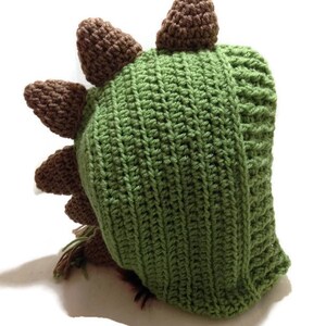 May include: Green crocheted dinosaur hat with brown crocheted spikes. The hat has a long tail and a pointed hood.