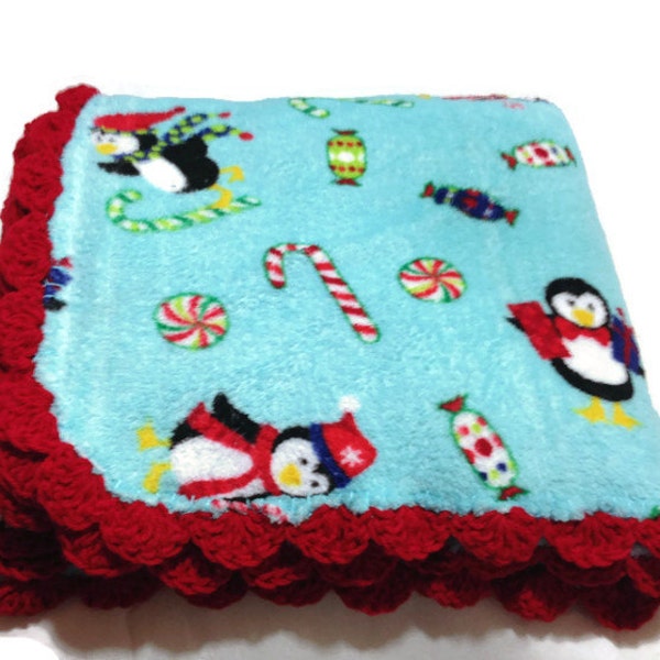 Winter Penguin Fuzzy Blanket with Red Shell Crochet Edge