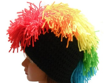Rainbow Mohawk Beanie, Rainbow Mohawk Hat, Crochet MoHawk Hat, Mohawk Cosplay Hat, Festival Hat, Raver Hat, Rainbow Hat