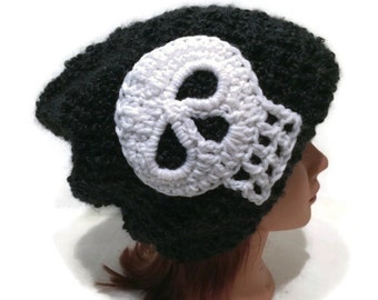 Black Skull Hat, Unisex Black Hat, White Skull Hat, Halloween Hat, Crochet Skull Hat, Hipster Slouchy Hat, Skull Beanie, Skeleton Hat, Skull