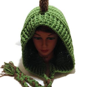 May include: Green crocheted hooded hat with a brown crocheted dinosaur tail on top. The hat has a long brown and green braided tie.
