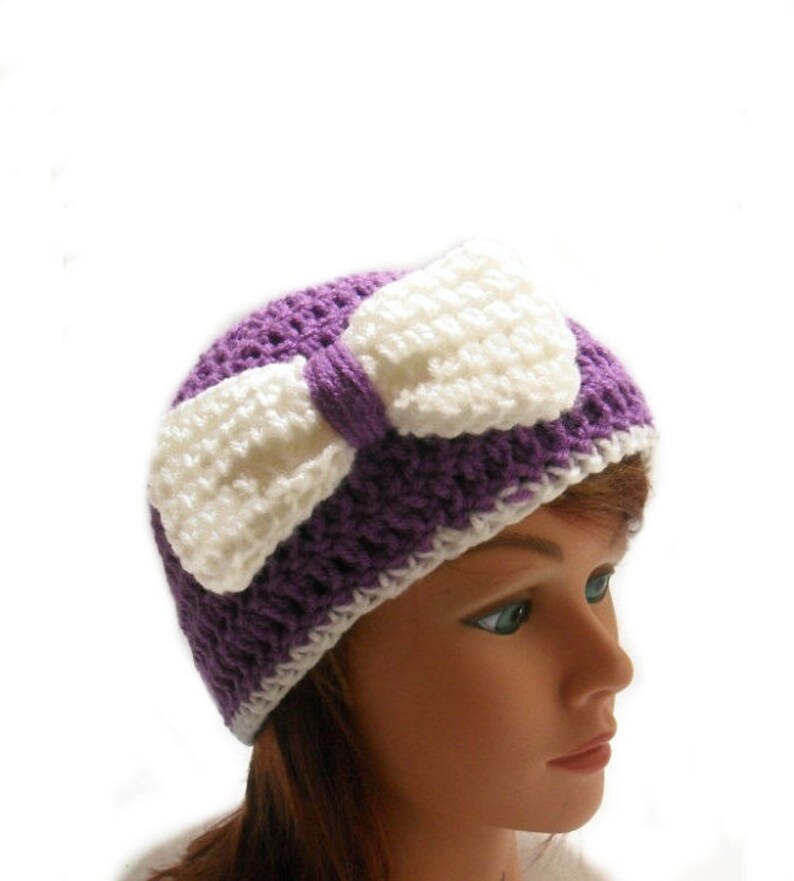 Holiday Gift Purple Bow Beanie Crochet Womens Hat Purple Cloche Hat with Bow Cloche with Bow Purple Bow Hat Summer Beanie