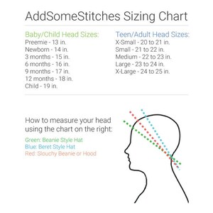 Puede incluir: Un gr&aacute;fico que muestra los tama&ntilde;os de cabeza para beb&eacute;s, ni&ntilde;os, adolescentes y adultos en pulgadas. El gr&aacute;fico incluye un diagrama que muestra c&oacute;mo medir la circunferencia de la cabeza usando un gorro, boina o gorro de lana.