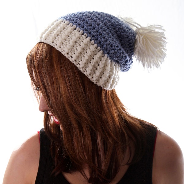 Crochet Slouchy Hat Double PomPom Beanie Womens Winter Hat in Denim Blue and White