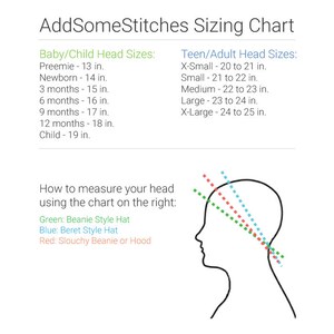 May include: A sizing chart for beanies and hats, with a diagram showing how to measure your head. The chart includes sizes for babies, children, teens, and adults. The sizes are listed in inches.
