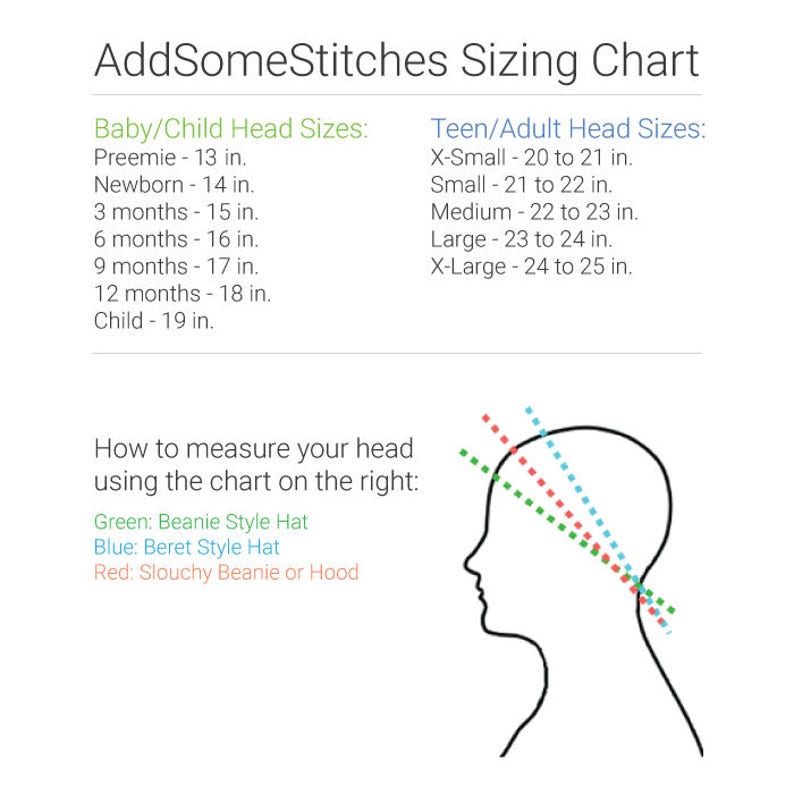 May include: A sizing chart for beanies and hats, with a diagram showing how to measure your head. The chart includes sizes for babies, children, teens, and adults. The sizes are listed in inches.