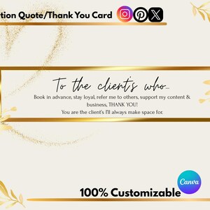 Puede incluir: Diseño de tarjeta de agradecimiento personalizable con detalles dorados y un diseño de purpurina en forma de corazón. El texto dice "To the clients who..." con un logotipo de Canva. También hay iconos de redes sociales.