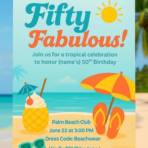 Invitation tropicale 50e anniversaire - Invitation de fête d'été sur la plage modifiable - Modèle canva à téléchargement immédiat
