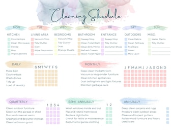 May include: A printable cleaning schedule with a watercolor background. The schedule is divided into daily, weekly, monthly, quarterly, semi-annually, and annually. Each section has a list of cleaning tasks and a grid to check off tasks as they are completed.