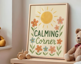 Kalmerende hoekkunst aan de muur | Afdrukbare kinderkamerposter | Rustige ruimte voor zacht ouderschap | Schoolkamerdecoratie (digitale download)