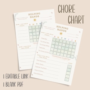 Könnte beinhalten: Zwei beige Aufgabenkarten mit den Wörtern "Helping Hands" und "Chore Chart" aufgedruckt. Die Karten haben ein Raster zur Verfolgung täglicher Aufgaben und einen Abschnitt für wöchentliche Aufgaben. Der Satz "I Editable Link I Blank PDF" ist unten aufgedruckt.