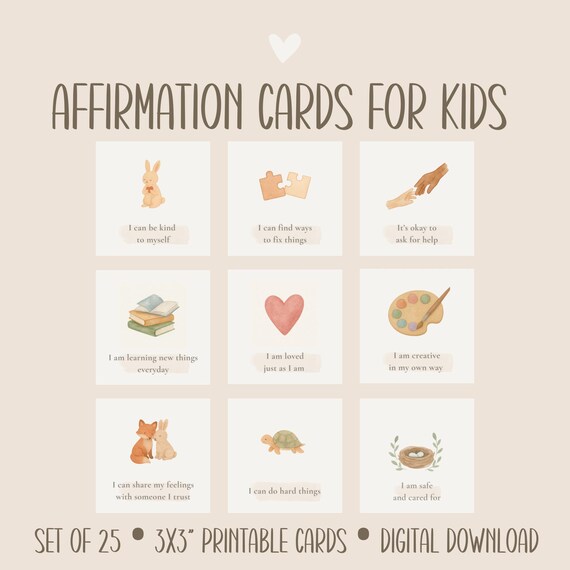 Printable Kids Affirmation Cards | 25 Digital Download Positive Affirmations for Children, Mindfulness & Emotional Growth