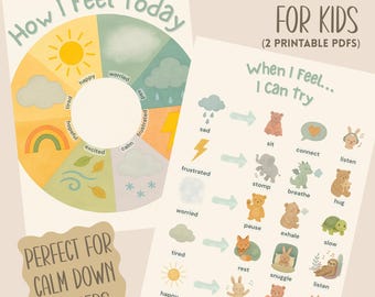 Pode incluir: Dois gráficos de sentimentos imprimíveis para crianças. Um gráfico é uma roda de cores com sentimentos como feliz, triste e preocupado. O outro gráfico mostra ações para experimentar, como sentar, conectar e ouvir.