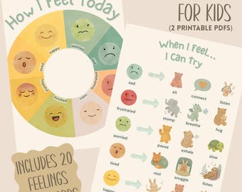 May include: Two printable charts for kids, one a color-coded wheel illustrating feelings like happy, sad, and worried. The other chart shows actions to try when feeling a certain way. Includes 20 feelings flashcards. Text reads "Feeling Charts for Kids".