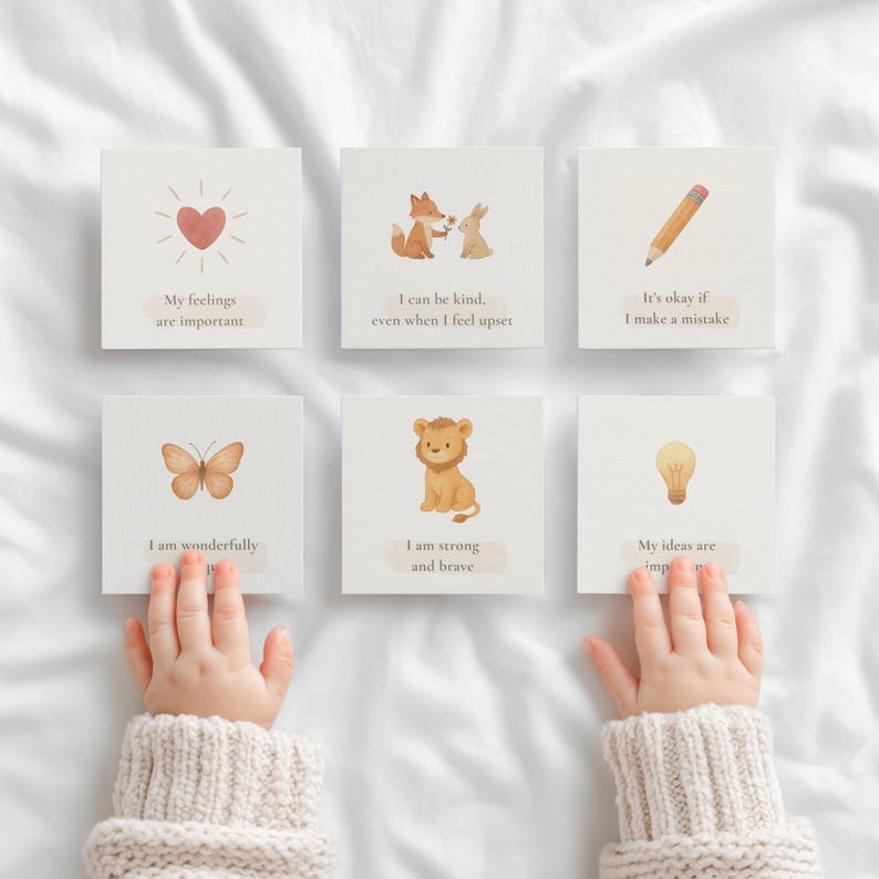 May include: Six square cards with illustrations and text. The cards feature a heart, fox and rabbit, pencil, butterfly, lion, and lightbulb. Text includes "My feelings are important," "I can be kind," and "I am strong and brave."
