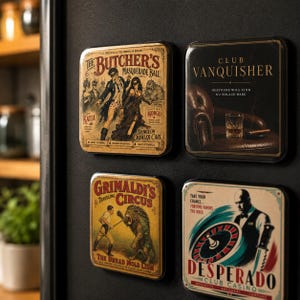 May include: Four square magnets featuring vintage-style graphic prints. Top left: The Butcher's Masquerade Ball. Top right: Club Vanquisher with a glass and cigar. Bottom left: Grimaldi's Traveling Circus with a lion tamer. Bottom right: Desperado Club Casino.