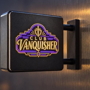 May include: A square black wall-mounted sign featuring a glowing neon-style logo with the text CLUB VANQUISHER in gold lettering. The design includes a central sword and shield emblem outlined in purple and gold, set against a dark matte surface.