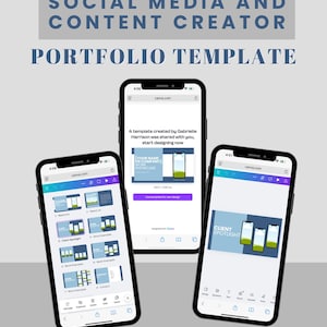 May include: A digital portfolio template for social media and content creators, displayed on three smartphones. The template includes sections for showcasing work and client spotlights. The website www.gobesocialmedia.com is visible.
