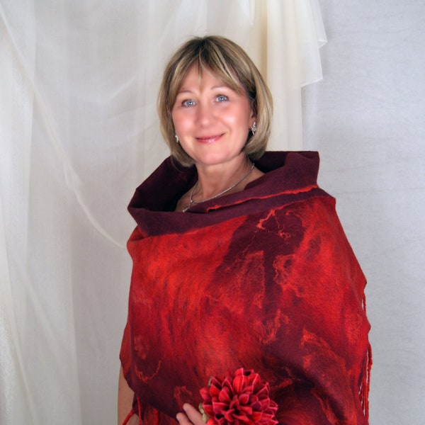 Red  Felted Wool Passion Shawl