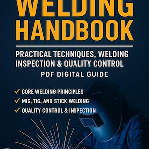 Könnte beinhalten: Ein marineblauer Buchumschlag mit dem Titel "PROFESSIONAL WELDING HANDBOOK" in großen gelben Buchstaben. Das Bild zeigt einen Schweißer bei der Arbeit, mit Funkenflug. Das Buch behandelt praktische Techniken, Inspektion und Qualitätskontrolle.