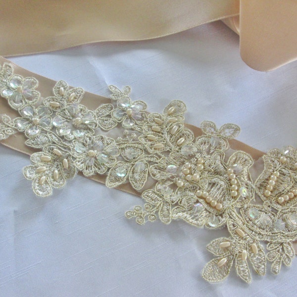 Metallic gold lace Wedding dress belt. Bridal sash, sequined lace ribbon sash