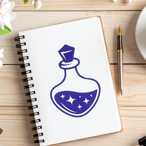 May include: A white spiral-bound notebook featuring a dark blue graphic illustration of a potion bottle. The bottle has a cork stopper and contains a liquid with four white four-pointed star shapes inside, centered on the page.
