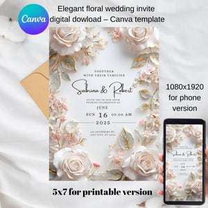 Sjabloon voor een bloemenhuwelijksuitnodiging - Bewerkbaar op Canva - 5x7, geanimeerde video - Digitaal
