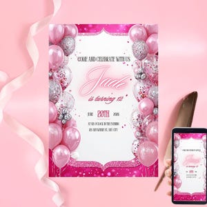 Invito di compleanno per bambina – Invito digitale modificabile per la festa del 12° compleanno | Invito stampabile per ragazze adolescenti