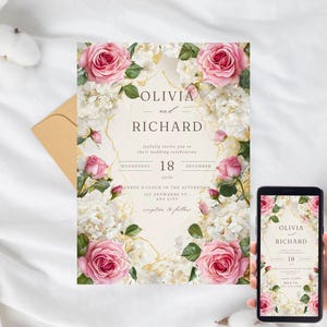 Elegante uitnodiging voor een bruiloft in een rozentuin | Digitale download | Aanpasbare sjabloon | Bevat 3 versies