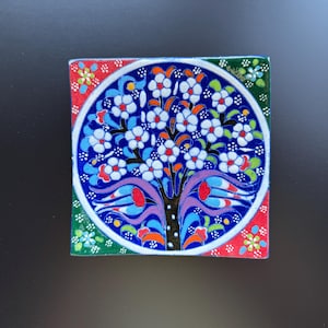 Turkish Ceramic Wall Art Tile – Tree of Life Design – Hand-Painted Iznik Style Decor – Colorful Floral Pattern – 5x5 inch