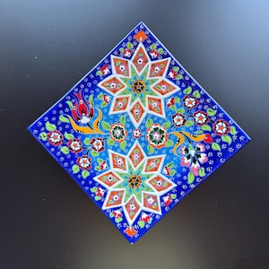 Turkish Ceramic Tile – Diamond Wall Art – Hand-Painted Iznik Floral Motif – Blue Geometric Design – 7x7 inch Decor