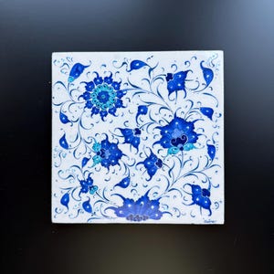 Blue and White Turkish Tile – Hand-Painted Ceramic Wall Art – Iznik Floral Design – 12x12 inch Ottoman Style Decor