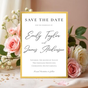Op de afbeelding: Een trouwuitnodiging met een gouden rand en witte achtergrond. De tekst luidt "Save the Date" en bevat de namen Emily Taylor en James Anderson, samen met de trouwdatum en -locatie.