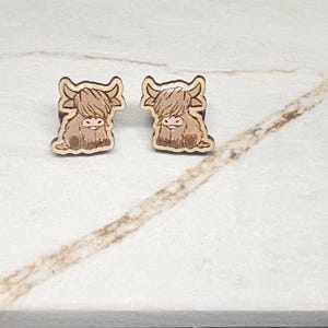 Wooden Highland Cow Stud Earrings