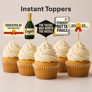 Graduation Cupcake Toppers – Class of 2025 | Funny Grad Party Decor | Diploma, Cap, Congrats | Set of 5 Printable Instant Download