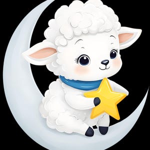 Clipart agneau, agneau sur la lune, agneau tenant une étoile