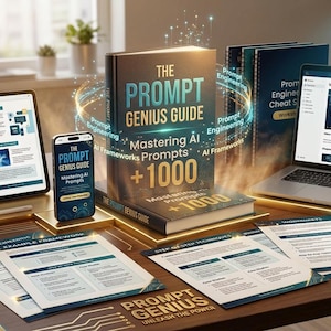 Può includere: Una raccolta di materiali didattici digitali e fisici intitolata The Prompt Genius Guide, che comprende un libro centrale, un tablet, uno smartphone, un computer portatile con una lezione video e documenti stampati sui prompt dell'IA.