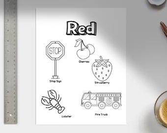 May include: A black and white illustration of items associated with the color red. The image includes a stop sign, cherries, a strawberry, a lobster, and a fire truck. The word "Red" is at the top of the page.
