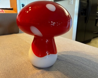 Art Glass blown Mushroom Sculpture, Red and White Polka Dotted (7.0 inches tall)