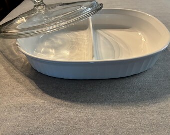 Vintage CORNING WARE French White Divided Oval Casserole with Pyrex Lid. F-6-B.  FREE Shipping in United States. Excellent condition.