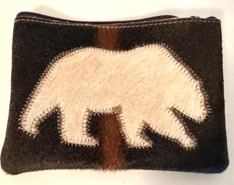 Leather Cowhide Coin Purse Lg Pouch Wallet with Bear Bears on it Wild Alaska Forest Wilderness Gift Gifts